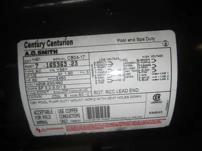 Pump, PVC, Centurion, Mdl A86B, 1-1/2" Inlet, 1/2 HP, Pool #S739955