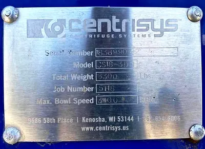 Centrisys CS 18-3 decanter centrifuge, 316SS.
