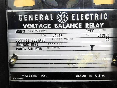 General Electric 12CFVB11B5A Voltage Balance Relay 120V 48/125V Control Used