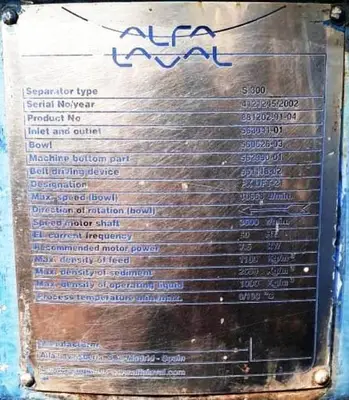 (2) Alfa-Laval S-300 fuel/lube oil purifiers, 316SS.