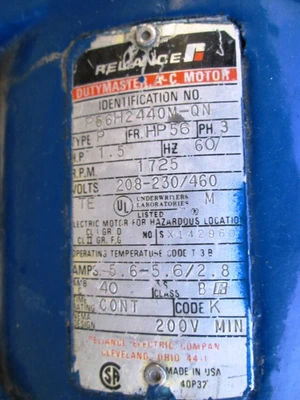 1.5 HP Reliance Electric Motor, 1725 rpm, Type P