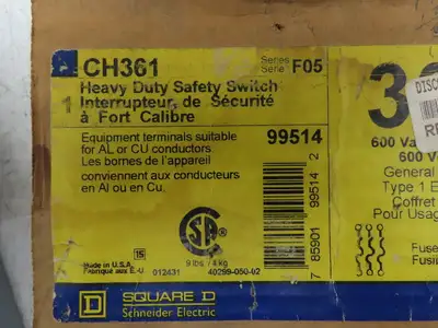 Square D CH361 Safety Disconnect Switch 30A 600V 20HP Fused 3 Pole