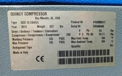 Used QUINCY AIR COMPRESSOR QGS 15 CSA/UL Rotary Screw & Sliding Vane Air Compressors New Jersey US | Champion Trading Corporation #1364698