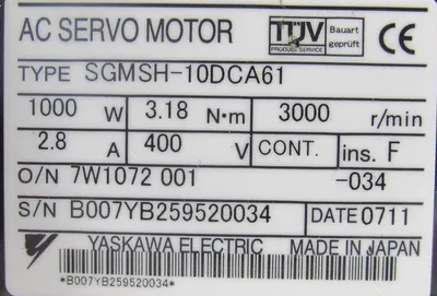 USED YASKAWA ELECTRIC SGMSH-10DCA61 SERVO MOTOR SGMSH10DCA61