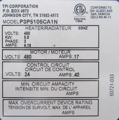 NEW TPI P3P5105CA1N HEATER 480V