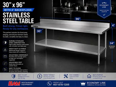 30”X96”4" Backsplash Stainless Steel Table