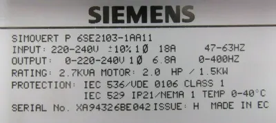 NEW SIEMENS 6SE2103-1AA11 DRIVE 2HP 6SE21031AA11