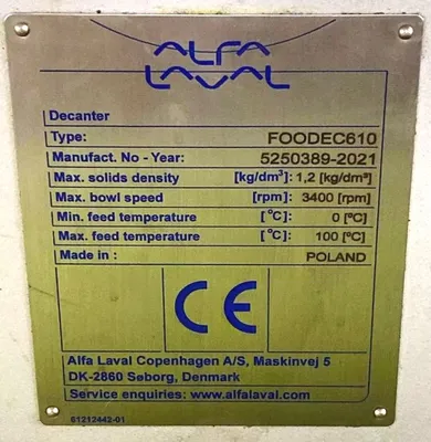 (3) Alfa-Laval FOODEC 610 sanitary decanter centrifuges, 316SS.