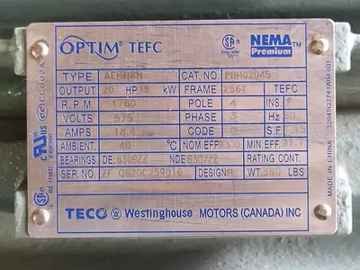 20 hp, 575 volts, 1760 rpm Electric Motor