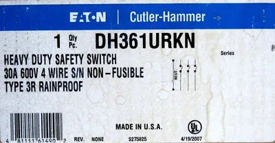 NEW EATON DH361URKN SAFETY SWITCH 30A 600V TYPE 3R