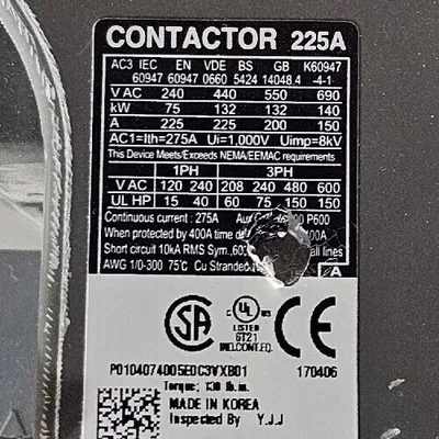 CARLO GAVAZZI CC225 225A 3PH 600VAC Contactor Loc 4G