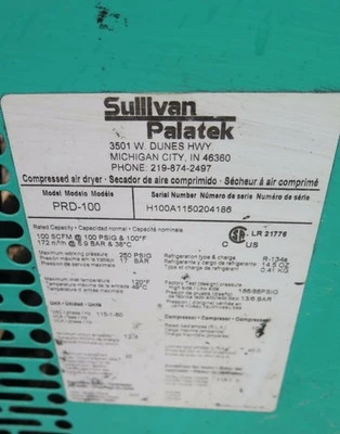 Sullivan Palatek Refrigerated Compressed Air Dryer Filter PRD-100 Single Phase