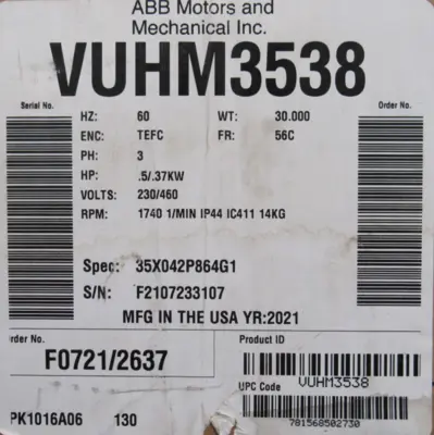 NEW BALDOR VUHM3538 MOTOR .5HP 230/460V 1740RPM