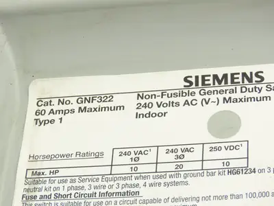 Siemens GNF322 Safety Switch Disconnect Non Fusible 60A 240VAC 250VDC HP Rated