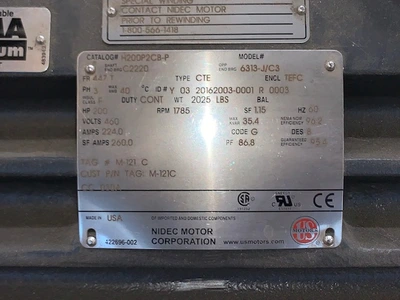 200 Hp 1785 Rpm 460v 447T US Motors AC Motor, Unused