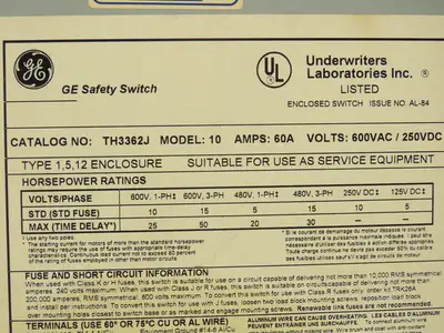 General Electric TH3362J Model 10 GE Safety Disconnect Switch 60A 600VAC