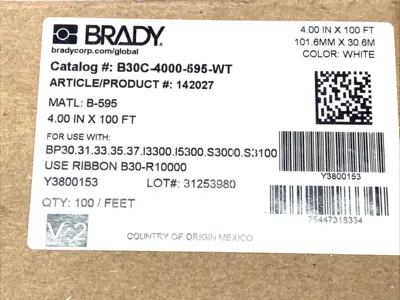 NEW BRADY 4" X 100' WHITE VINYL LABEL TAPE
