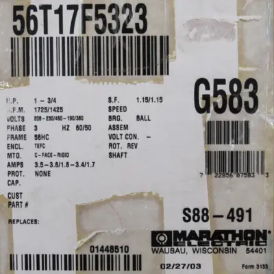 NEW MARATHON G583 MOTOR 1-3/4HP 208-230/460V 56T17F5323 56HC-70 RPM 1725