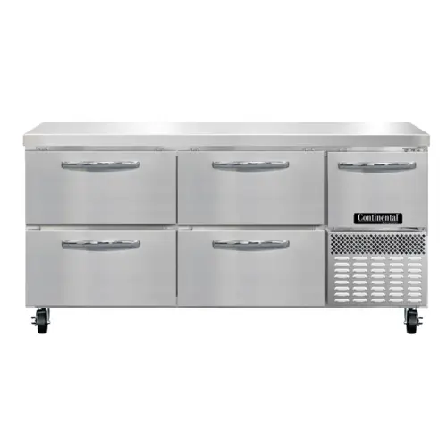 Continental RA68SN-D 68"W Worktop Refrigerator W/ (3) Sections, (1) Door, (4) Drawers, 115v