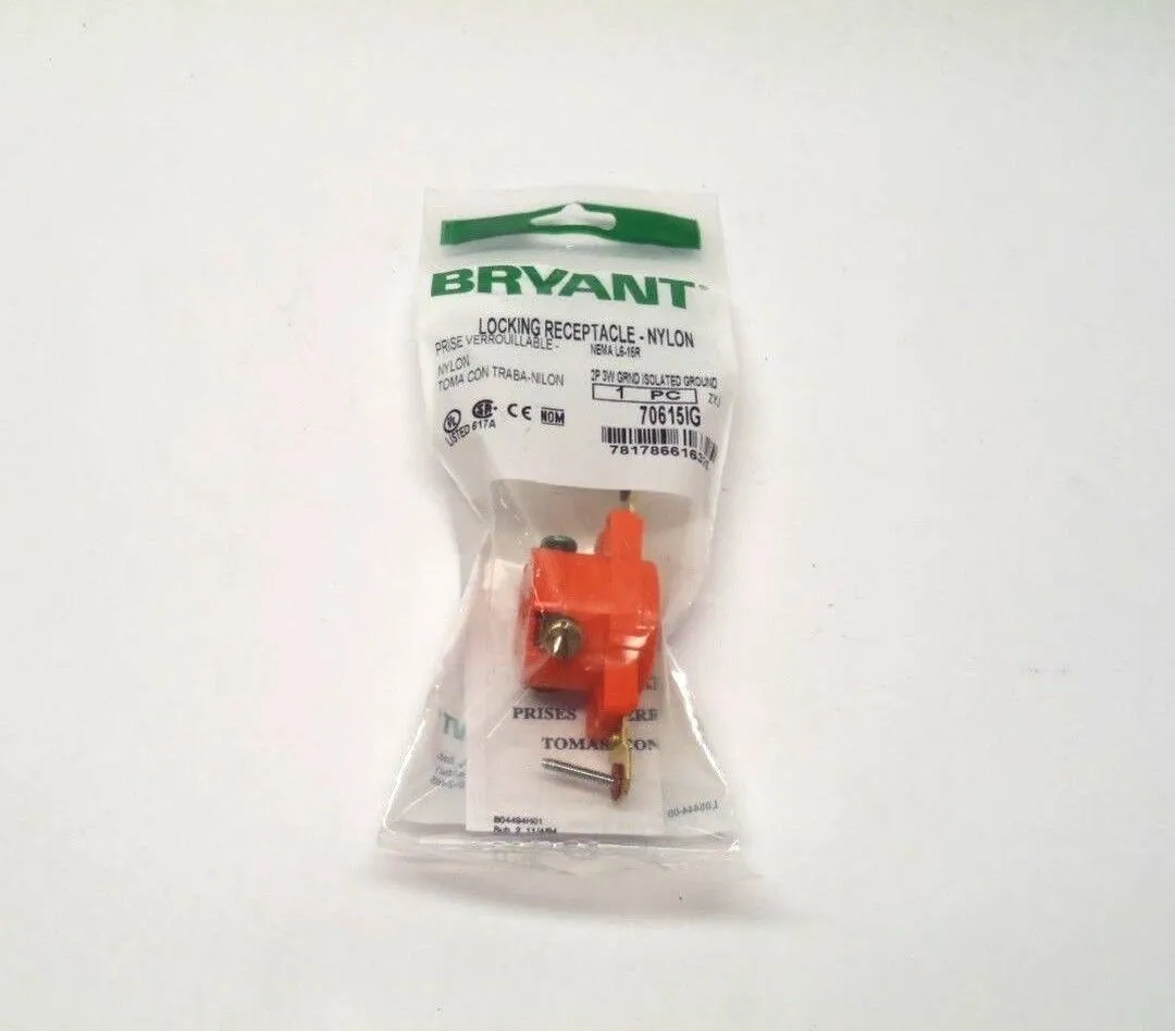 NEW BRYANT LOCKING RECEPTACLE, ISOLATED GROUND L6-15R