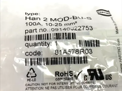 NEW HARTING 100A AXIAL MODULE FEMALE 2-POLE 10-25MM² HAN 2 MOD-BU-S