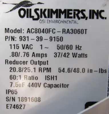 NEW OILSKIMMERS 1H BRILL OIL REMOVAL SYSTEM TUBE 931-39-9150 AC8040FC-RA3060T