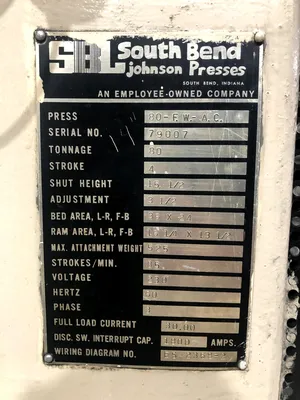 USED 1980 SOUTH BEND JOHNSON SOUTH BEND JOHNSON 80-FW-AC PRESS