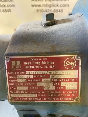 Dean PH231 Cast Iron Centrifugal Pump 3x4x8-1/2 300gpm 1750rpm