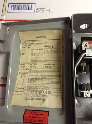 SIEMENS ITE SN 421 SN421 INTERUPTIBLE ELECTRIC SWITCH 30 AMPS 240 VOLTS