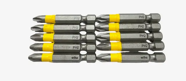 Wiha #2 Phillips PH2 x 50mm Power Bit 1/4" Hex Drive Impact Screw Bits 10 Pack