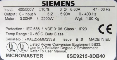 NEW SIEMENS 6SE9215-8DB40 MICROMASTER 6SE92158DB40