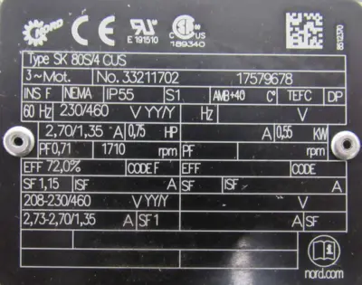 NEW NORD SK372.1VL-80S/4CUS GEARMOTOR 38:12:1 1HP 1" DIA. SK80S/4CUS