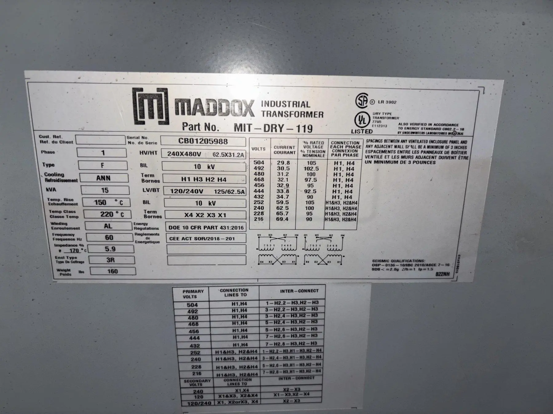 15 KVA MADDOX ELECTRICAL TRANSFORMER, 480 / 240 VOLT: STOCK #23170