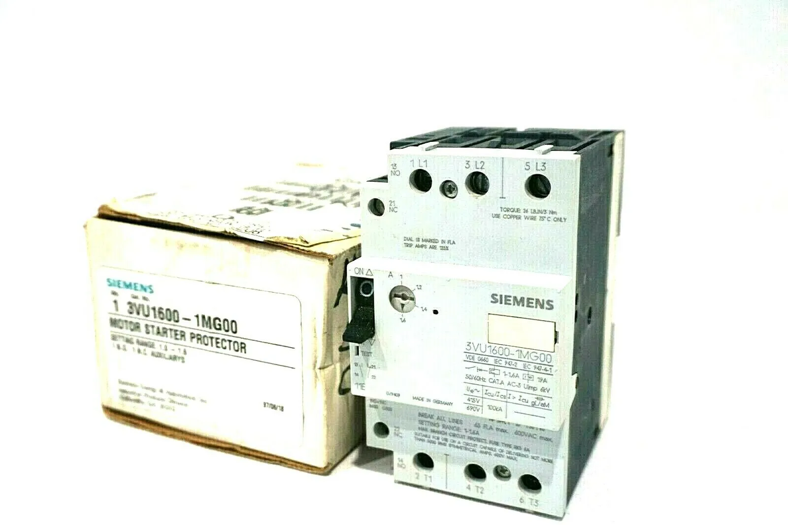 NEW SIEMENS 3VU1-600-1MG00 MOTOR STARTER 3VU16001MG00