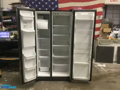 USED FRIGIDAIRE STAINLESS STEEL AND BLACK SIDE BY  SIDE REFRIDGERATOR HIGH EFFICANCY ENERGY STAR