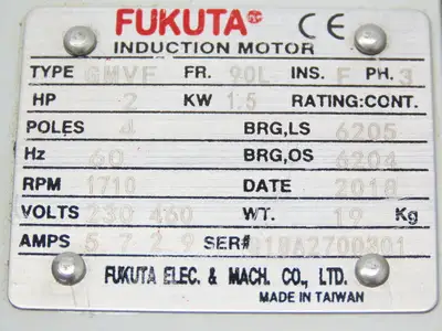 Fukuta GMVF Metric AC Motor 1.5kw 2Hp 1710rpm 230/460V 3PH IEC 90L Frame