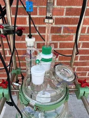 USED CHEMGLASS 20 LITER JACKETED GLASS REACTOR W/ CHEMGLASS OVERHEAD STIRRER
