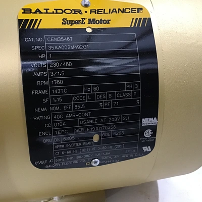 Baldor CEM3546T Super E Motor 7/8″ Keyed Shaft 1HP 230/460V 1760RPM 1.5/3A 3PH 60Hz