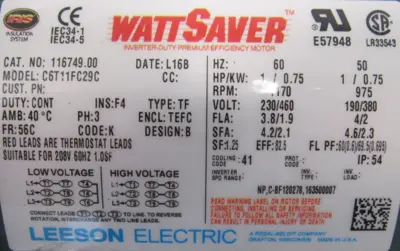 NEW LEESON 116749.00 MOTOR 1HP 1170RPM 230/460V 5/8" DIA.