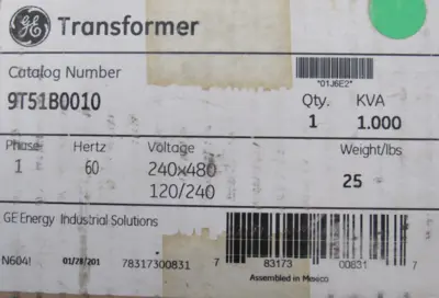 NEW GENERAL ELECTRIC 9T51B0010 TRANSFORMER 240X480V 120/240V