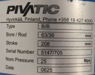 NEW PIVATIC B/B CYLINDER BORE/ROD 63/36MM STROKE 208MM