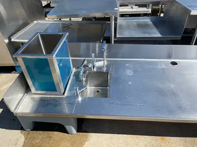 Used Falcon Restaurant Supply Used 136" Stainless Steel Counter with 2 Sink Compartments, Faucets and Ice Bin - SS5 Sinks Illinois US | Falcon Restaurant Supply #1376042