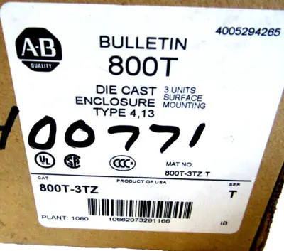 ALLEN BRADLEY 800T-3TZ DIE CAST ENCLOSURE SER. T 800T3TZ NEW, SURPLUS