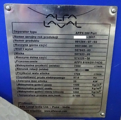 (2) Alfa-Laval AFPX 810 XGV-74CG fat separators, 316SS.