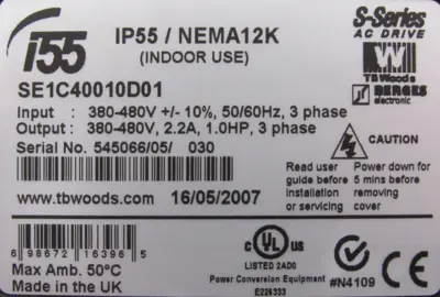 NEW TB WOODS SE1C40010D01 AC DRIVE 1HP SIZE 1