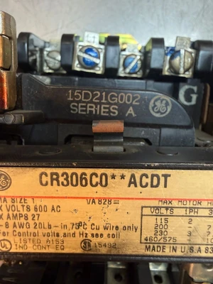 Ge CR306C0 Ser A Motor Starter 2-600VAC 27A 15D21G002 Coil (3.1.3)