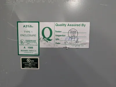 ASCO A300360091XC Automatic Transfer Switch 600A 480V 3Ph 4 Wire Used