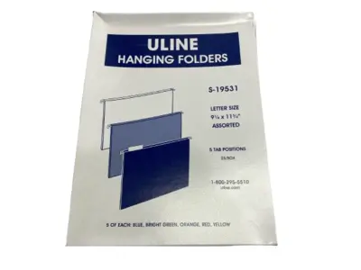 USED ULINE HANGING FILE LETTER FOLDERS, RED, BLU, YLW, GRN & ORG BOX OF 25