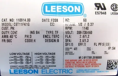 NEW LEESON 110914.00 MOTOR C6T11FK1G .5HP 208-230/460V 1140RPM 5/8" DIA.