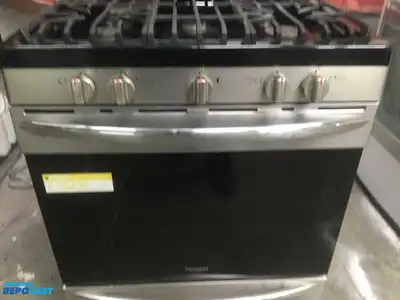 USED NEWER FRIGIDAIRE GALLERY  BLACK AND STAINLESS 5 BURNER GAS RANGE HIGH EFFICIENCY